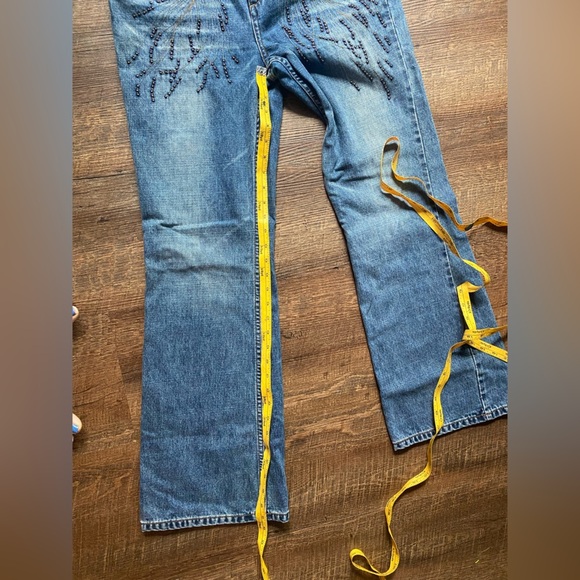 EXPRESS jeans embroidered studded denim 9/10 vintage Y2K flare EUC juniors - Picture 12 of 14